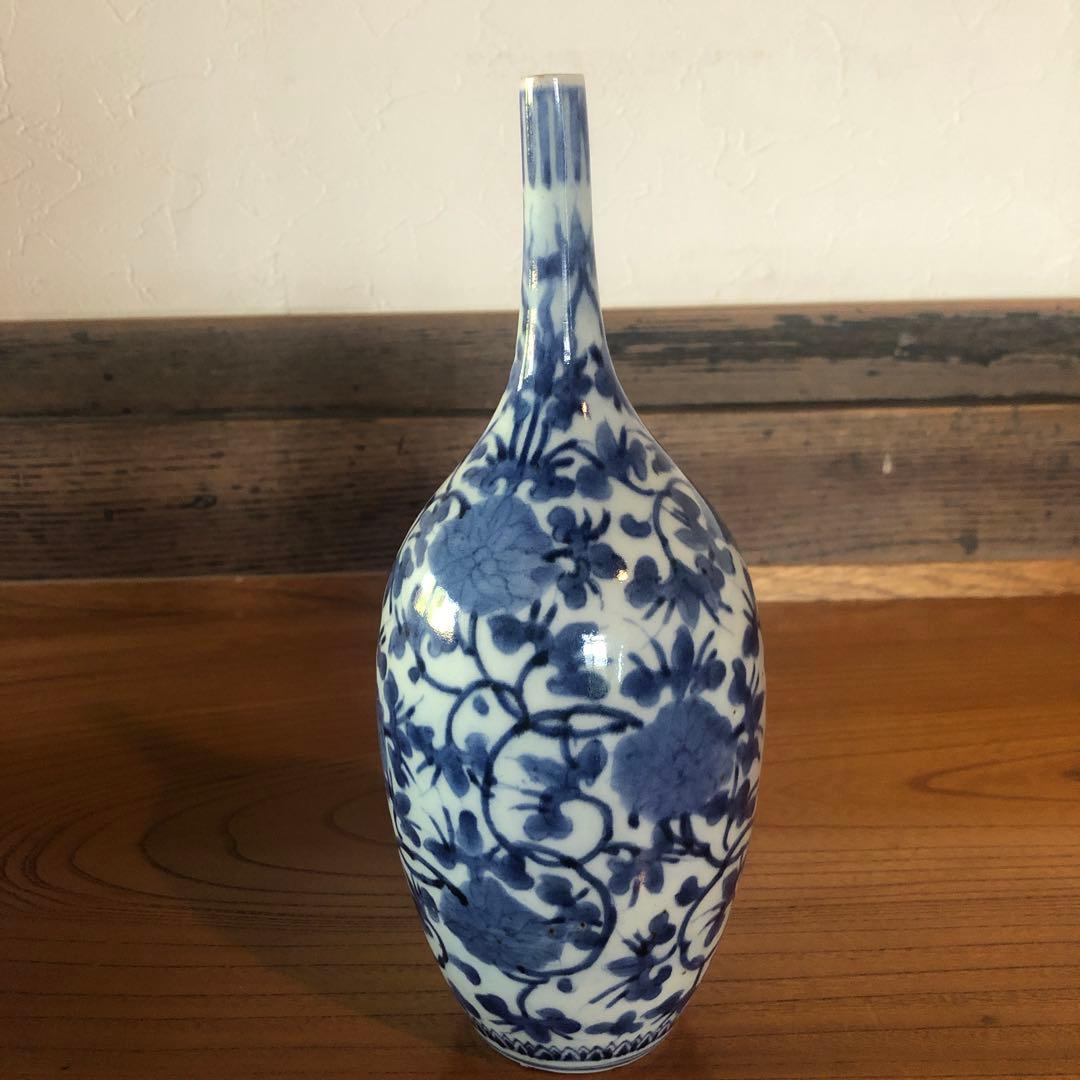 上手の古伊万里花染付唐草文鶴首徳利