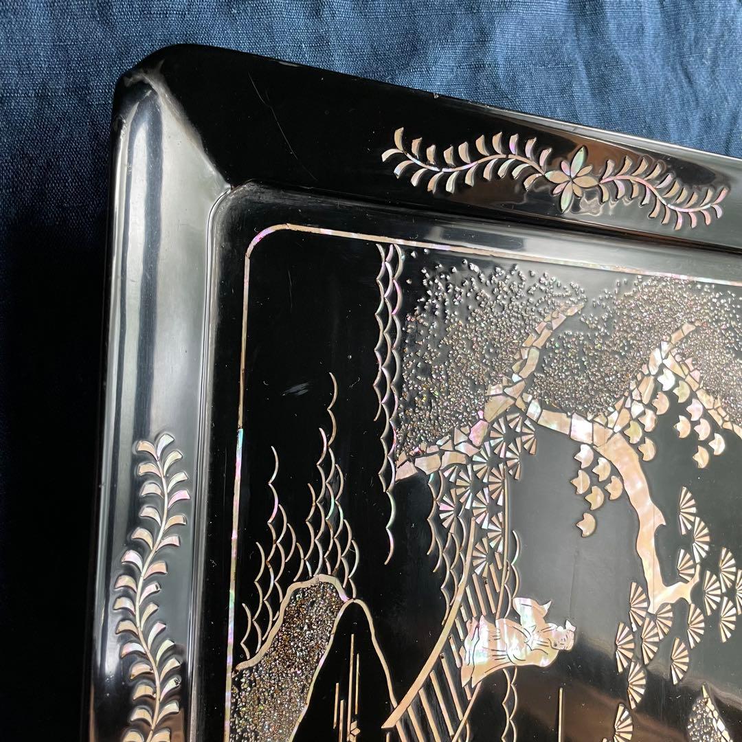 黒塗り盆 螺鈿 長方形 26㎝×35㎝ 漆器 盆 螺鈿細工 長方