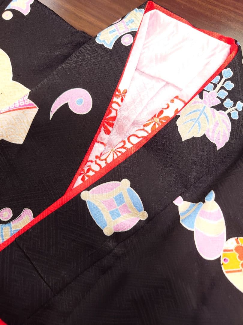 正絹　七五三　着物　長襦袢セット　黒　手毬　宝尽し