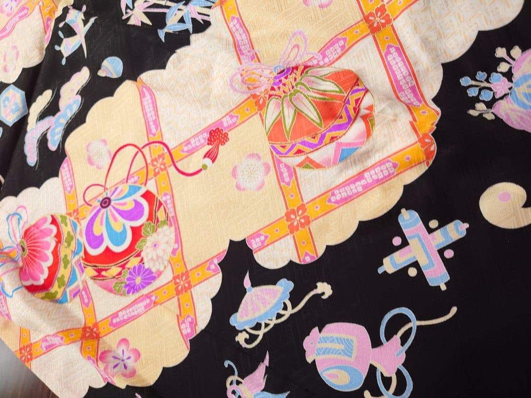 正絹　七五三　着物　長襦袢セット　黒　手毬　宝尽し