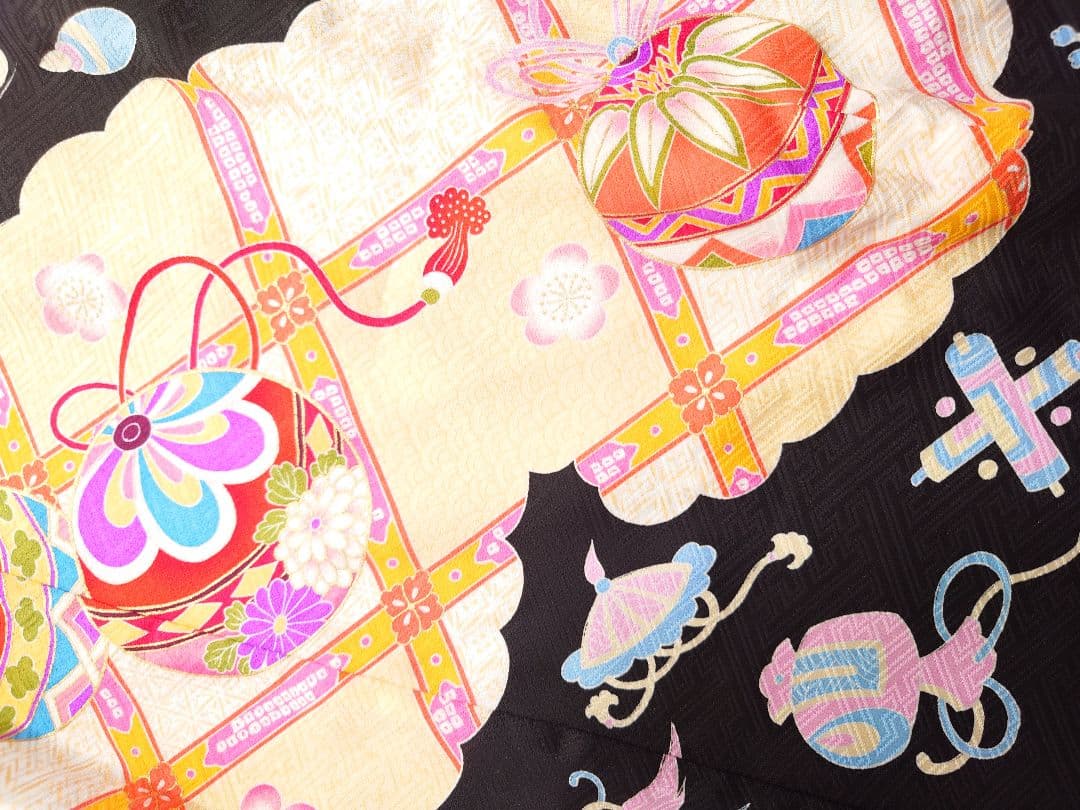 正絹　七五三　着物　長襦袢セット　黒　手毬　宝尽し