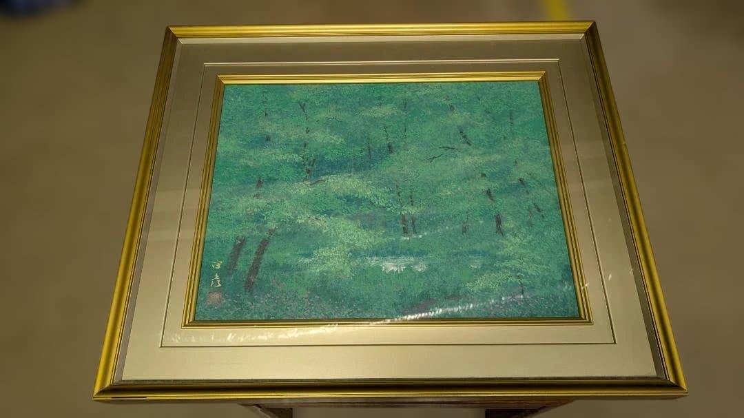 自然風景アート 緑色系 金色フレーム 油彩画 自然の風景 赤い空と緑の木々 秋日和》F4 油彩 #木 #樹 #油絵