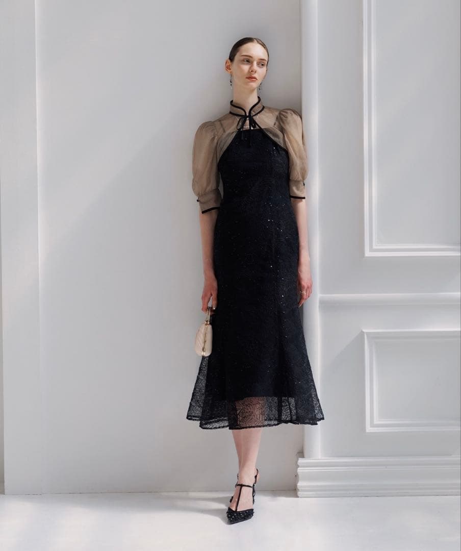 leja ブラックレースパーティードレス Mサイズ 当日発送】ハイウエストチュールレースAラインドレス/パーティードレス