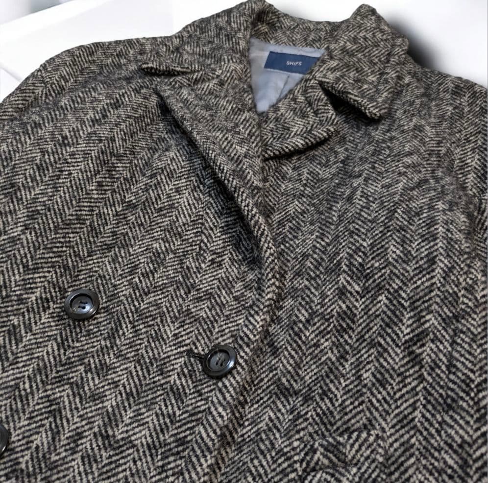 SHIPS ダブルブレスト ツイードコート ヘリンボーン コクーン