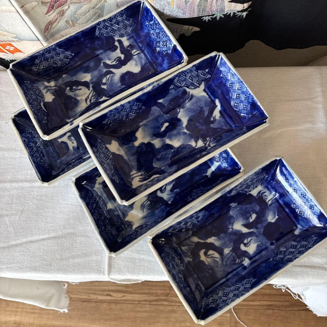 古伊万里 染付陶器長皿 5枚セット 古伊万里蛸唐草紋様角