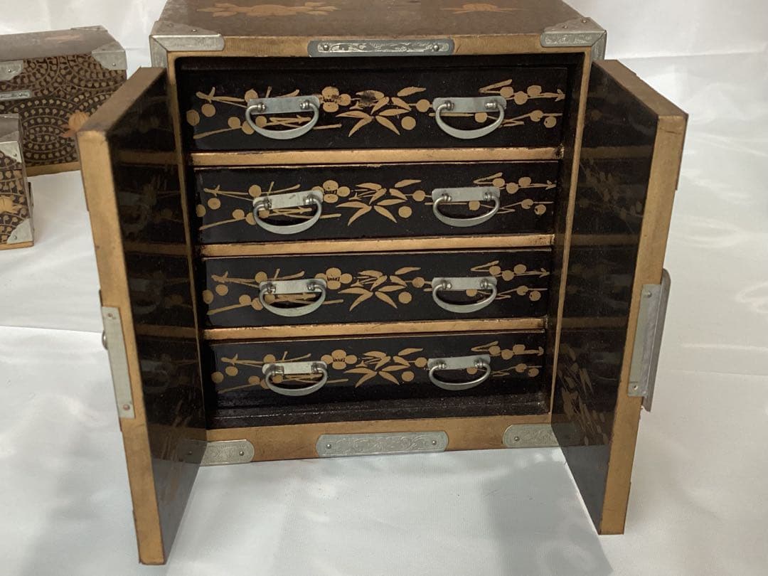 金彩蒔絵ミニチュアお雛道具 アンティーク収納箱セット 大・中・小