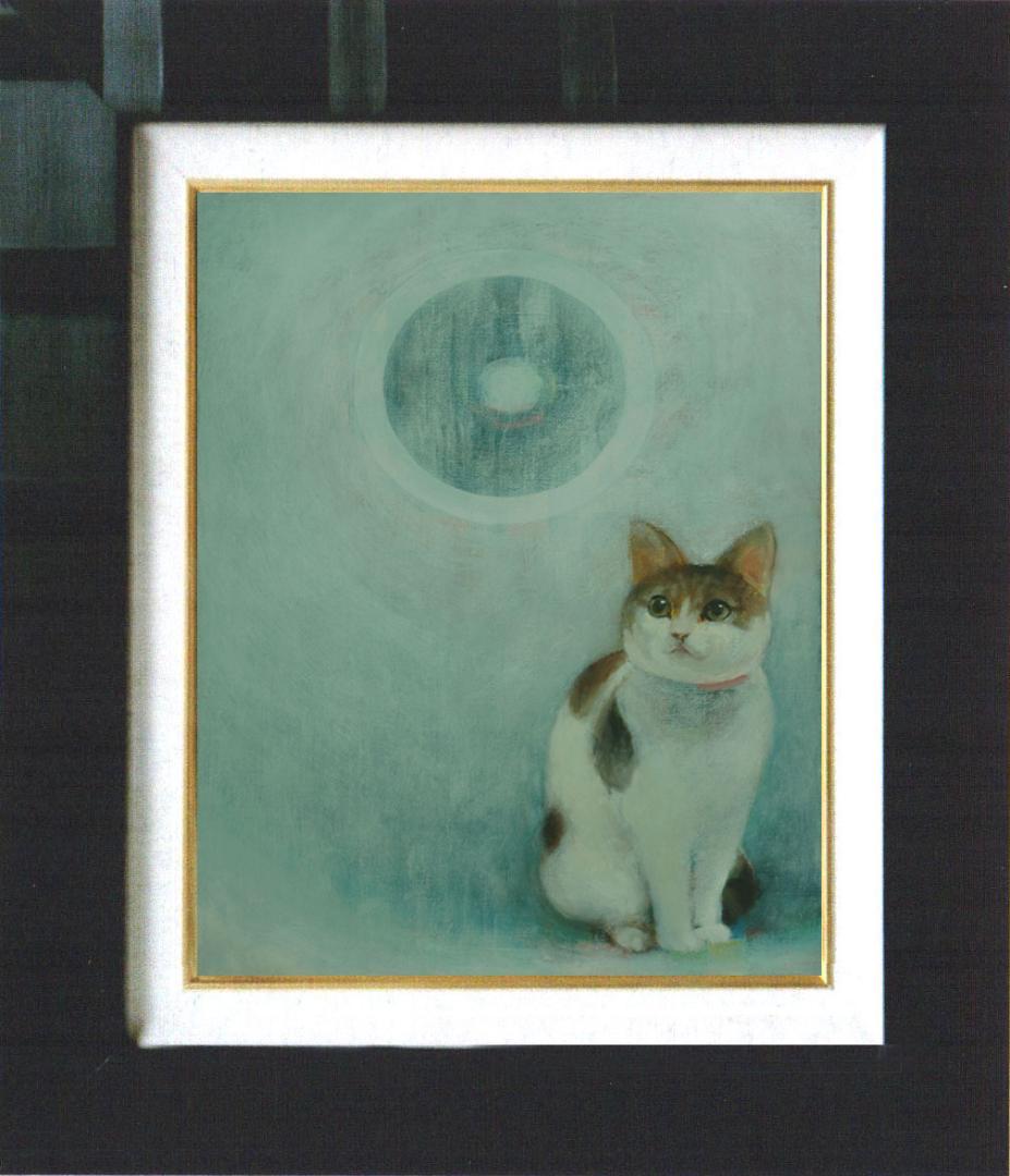 油絵 菅家令子 絵 絵画インテリア額付(青緑＋金色の枠)F4-091418 子猫