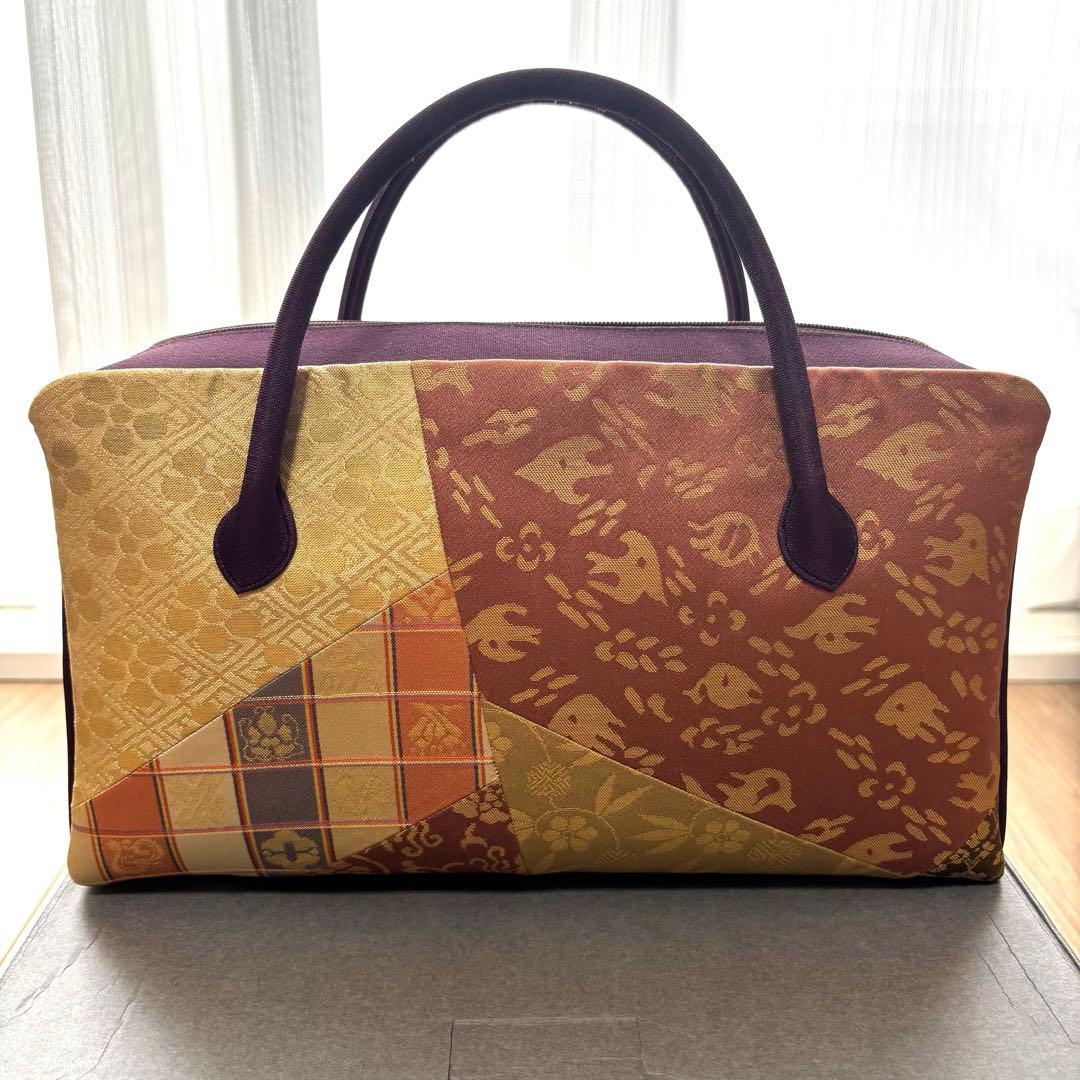 美品　利休バッグ　着物　訪問着　帯地　正絹　和装用バック　紫　　金　紫紺