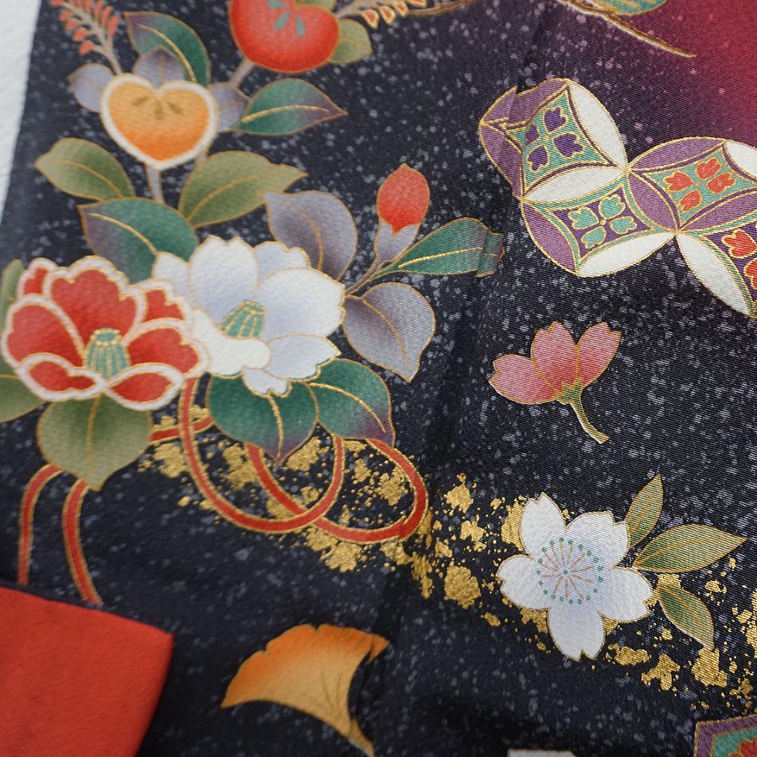 モダンなダークピンク 牡丹 藤 正絹振袖 長襦袢付 160cm a657