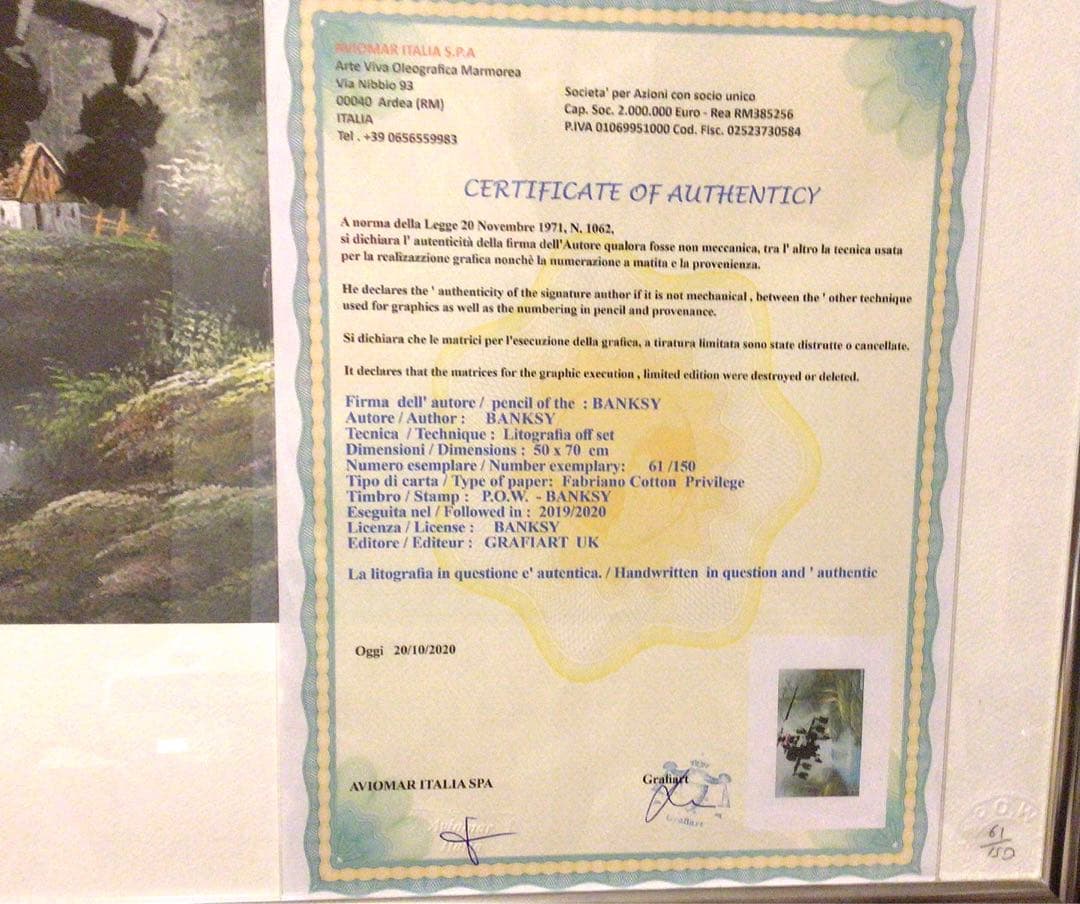 バンクシーBANKSY⭐️POWリトグラフ　COA有り　額付き