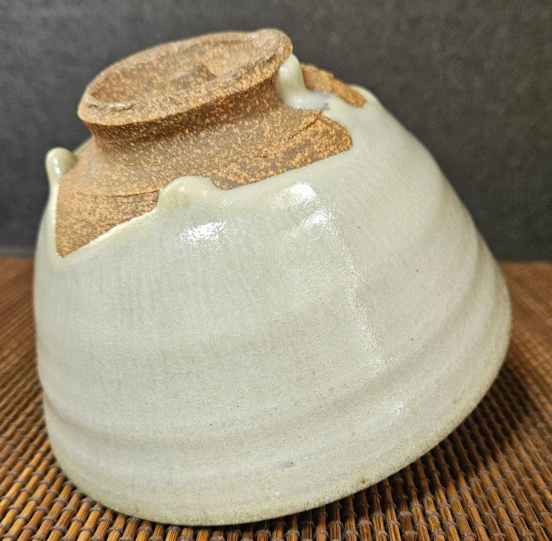 遠州七窯】上野焼 名工 青柳翆峰 造 白釉溜り 大振茶碗 共箱 茶道具