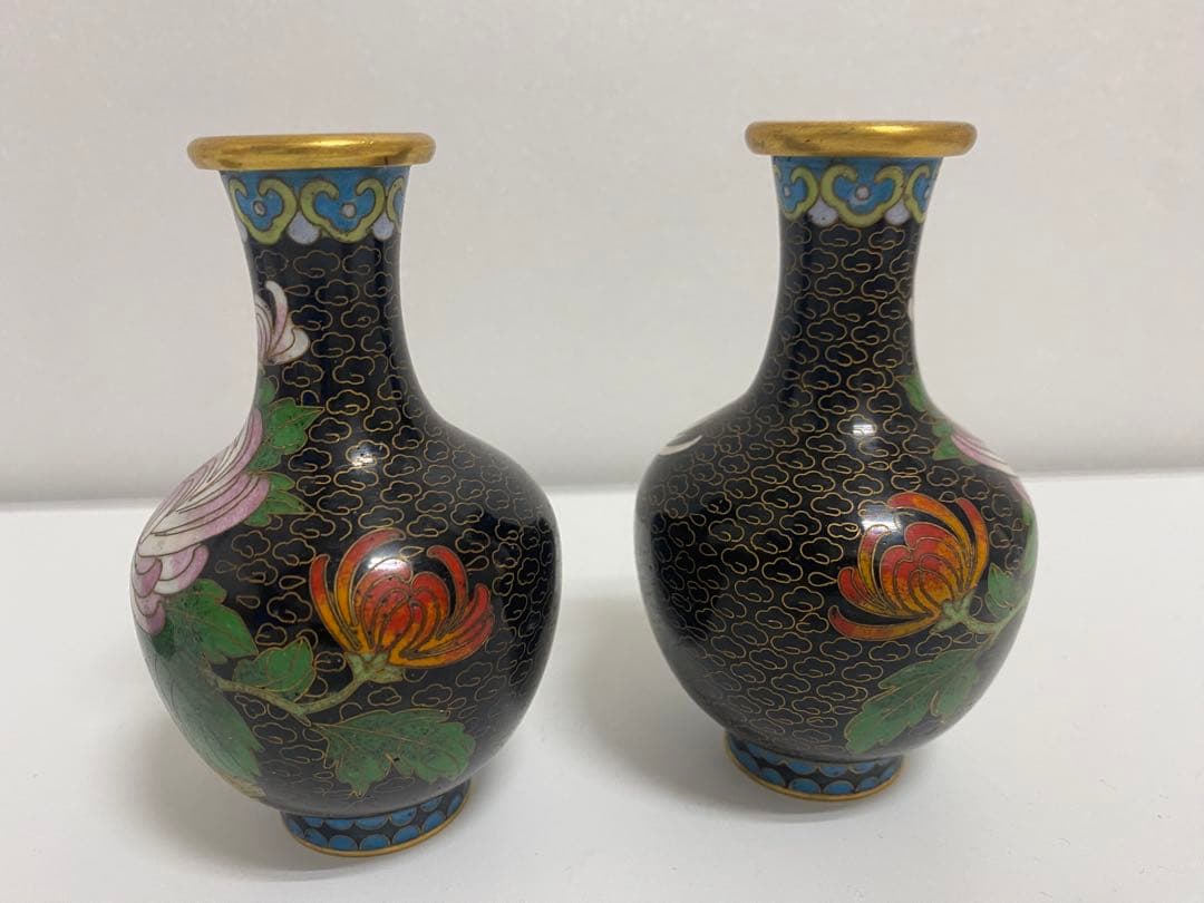 中国美術 花瓶 一対 台付き 中国七宝 花器 壷 景泰藍 花鳥図 唐物 七宝焼