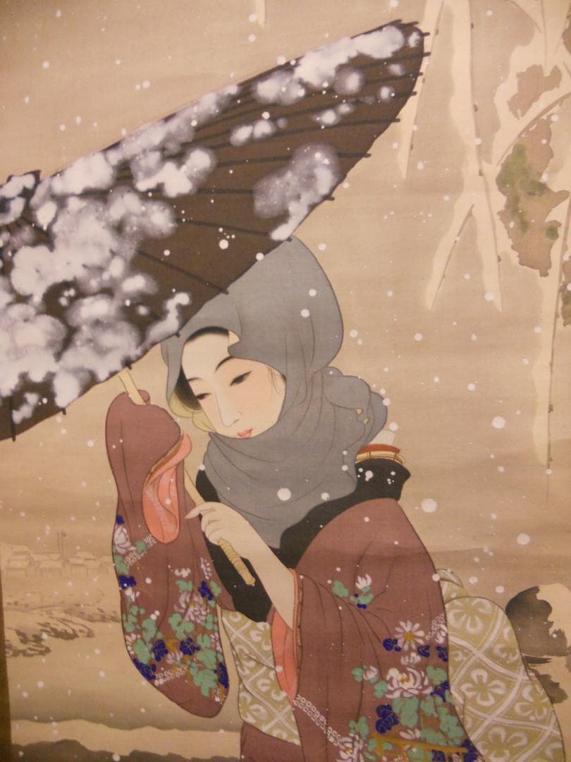 掛け軸 森二鳳 『 雪傘美人 』 美人画 絹本 希少 軸装 茶道具 掛軸 美品