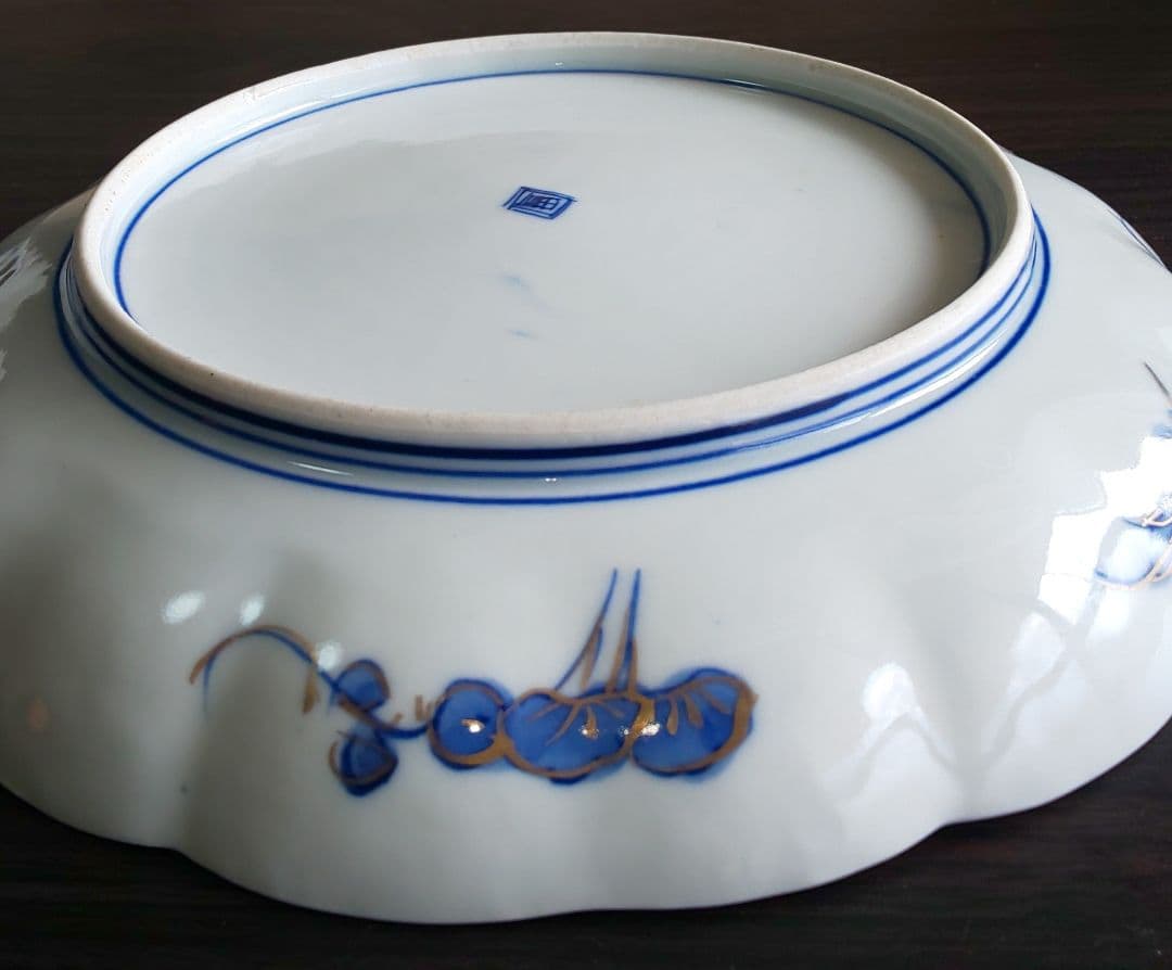 古伊万里 人物鳥山水風景図 輪花中皿 裏角福 表月