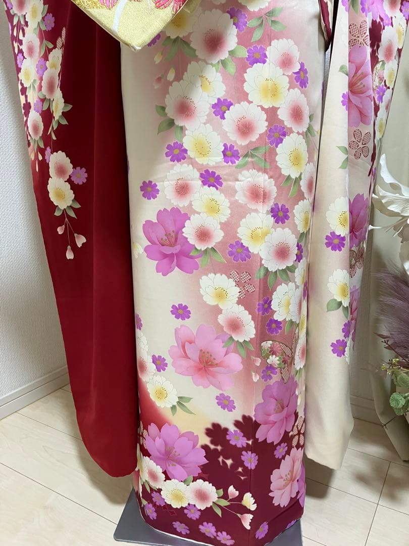 えんじ＆クリームツートン正絹振袖 全て揃ったフルセット身丈174裄丈68
