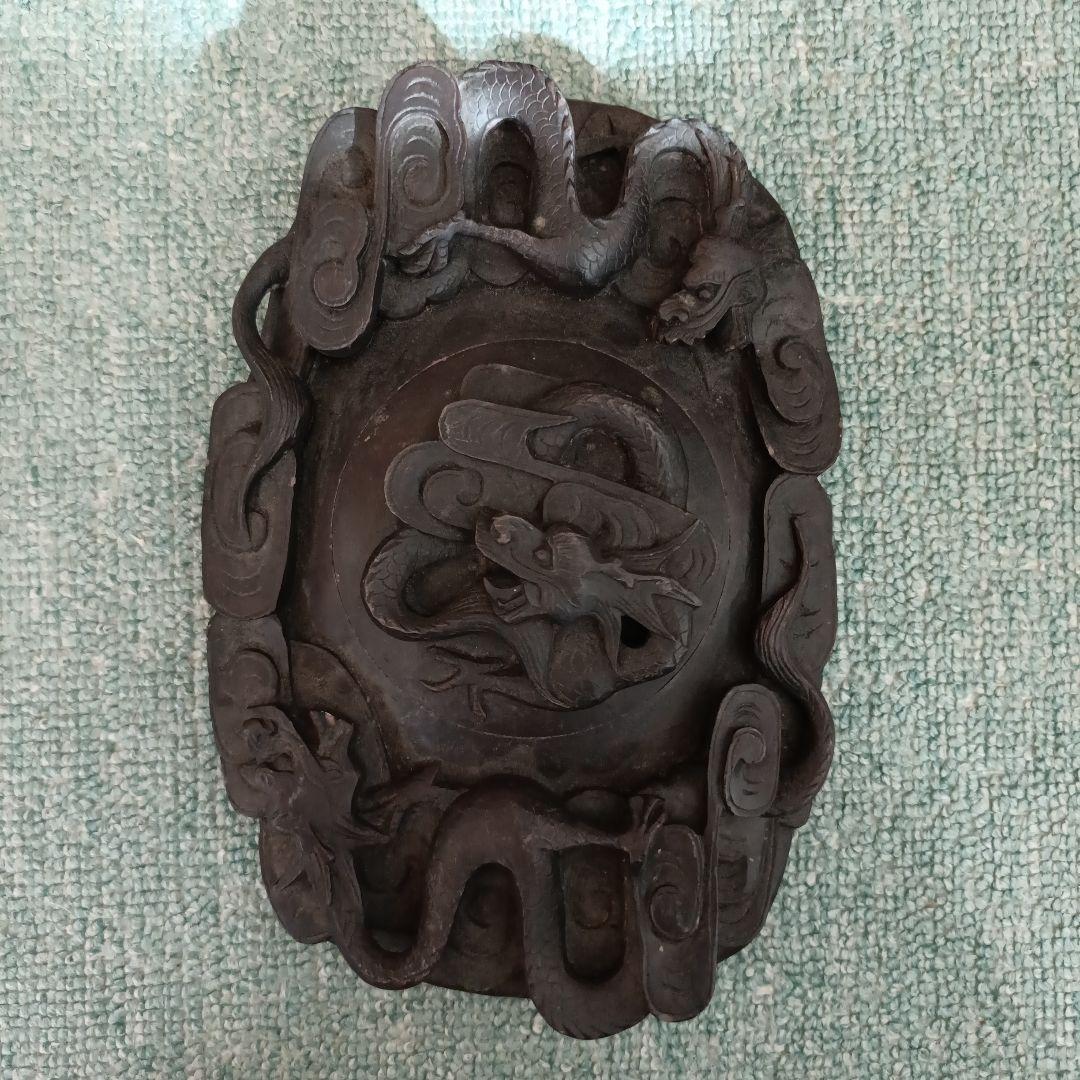 【最終値下げ】中国古美術 彫刻硯 龍彫 寿字 蝙蝠文 書道具 文房四宝 端渓系 中国古玩 西硯 龍彫 硯箱付 書道具 1980年代 OKN703 中国古美術