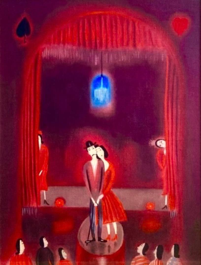 SALE(F6号）斎藤真一【赤い舞台】肉筆/表裏サイン有り/落款有り/油絵