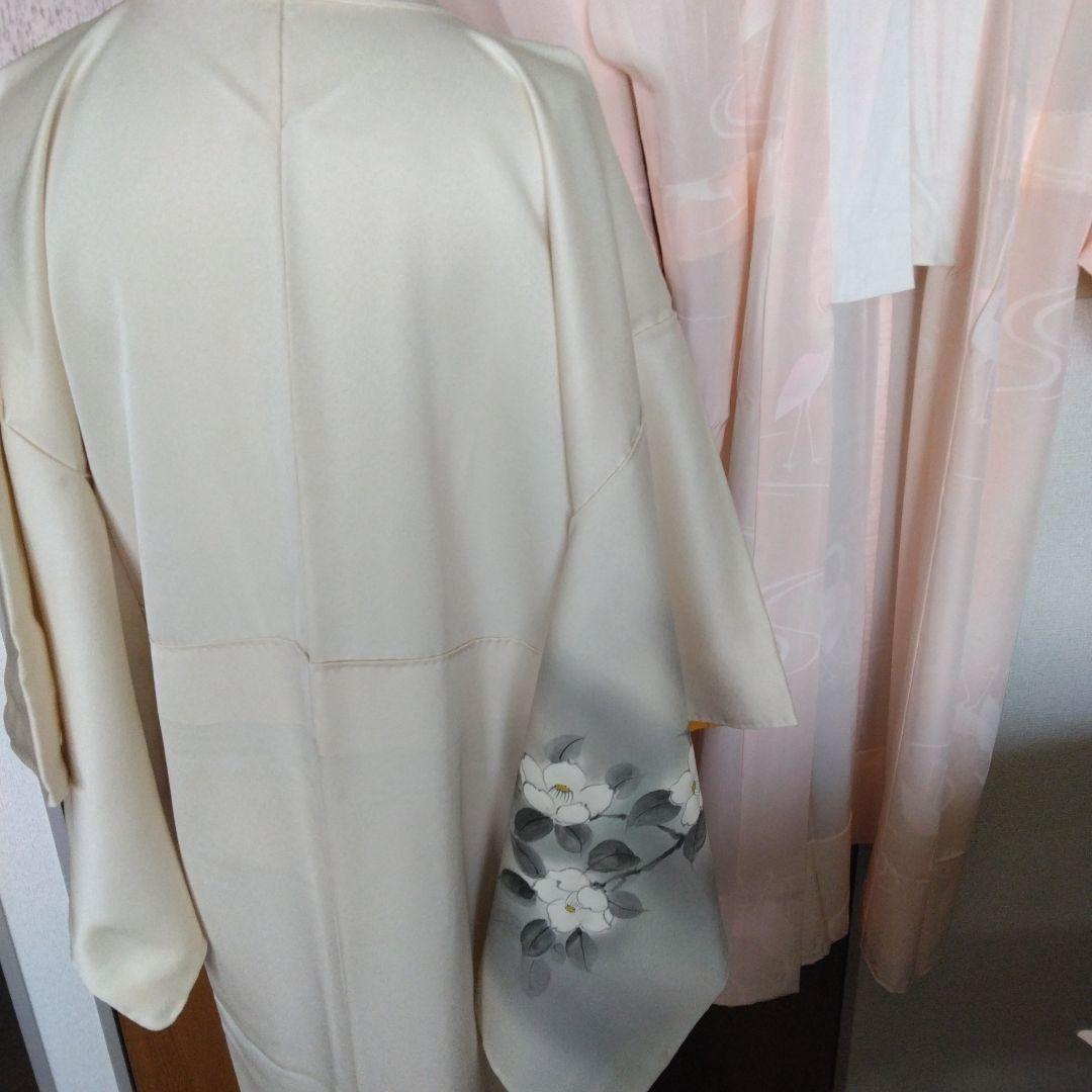 未使用品 訪問着 鳥と花模様白つばき グレーとホワイト、長襦袢付
