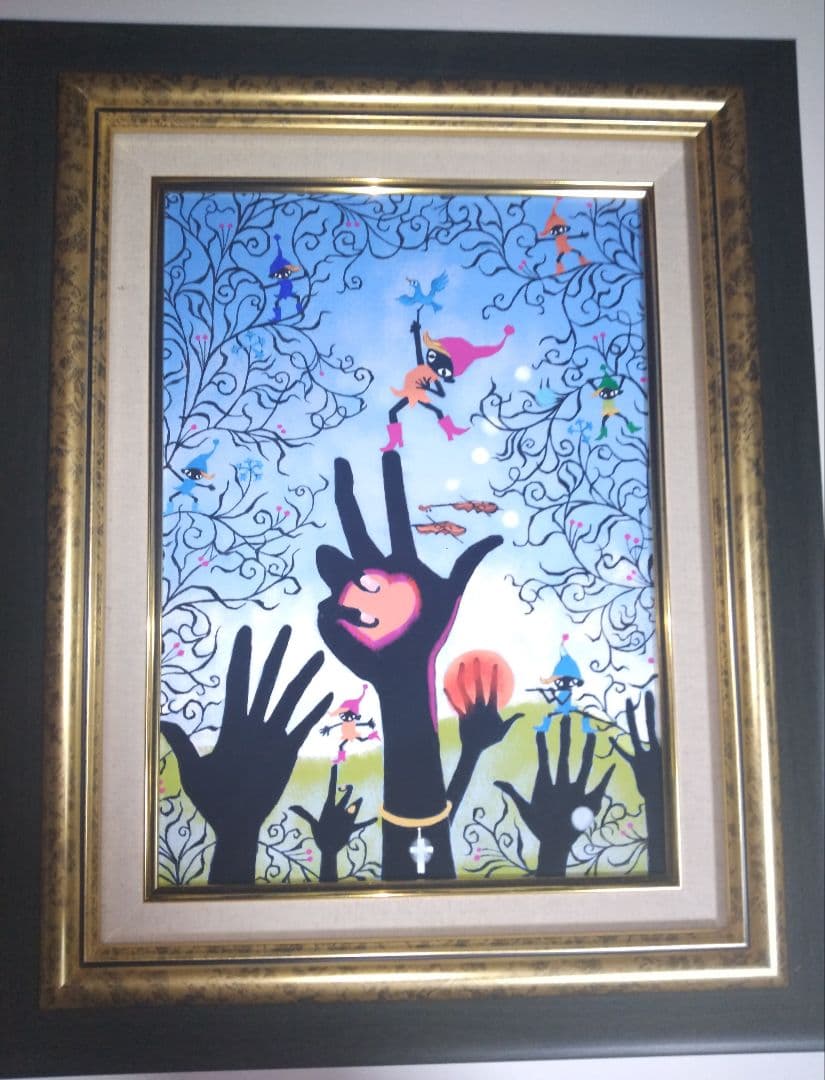 藤城清治、絵画、油彩4号こびとくんこの指とまれ新品額縁、肉筆、山下清。