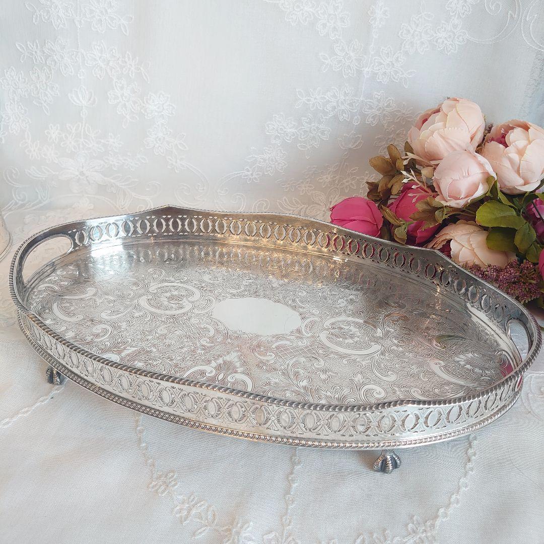 英国】 ギャラリートレー オーバル型 41cm 装飾フット イギリス