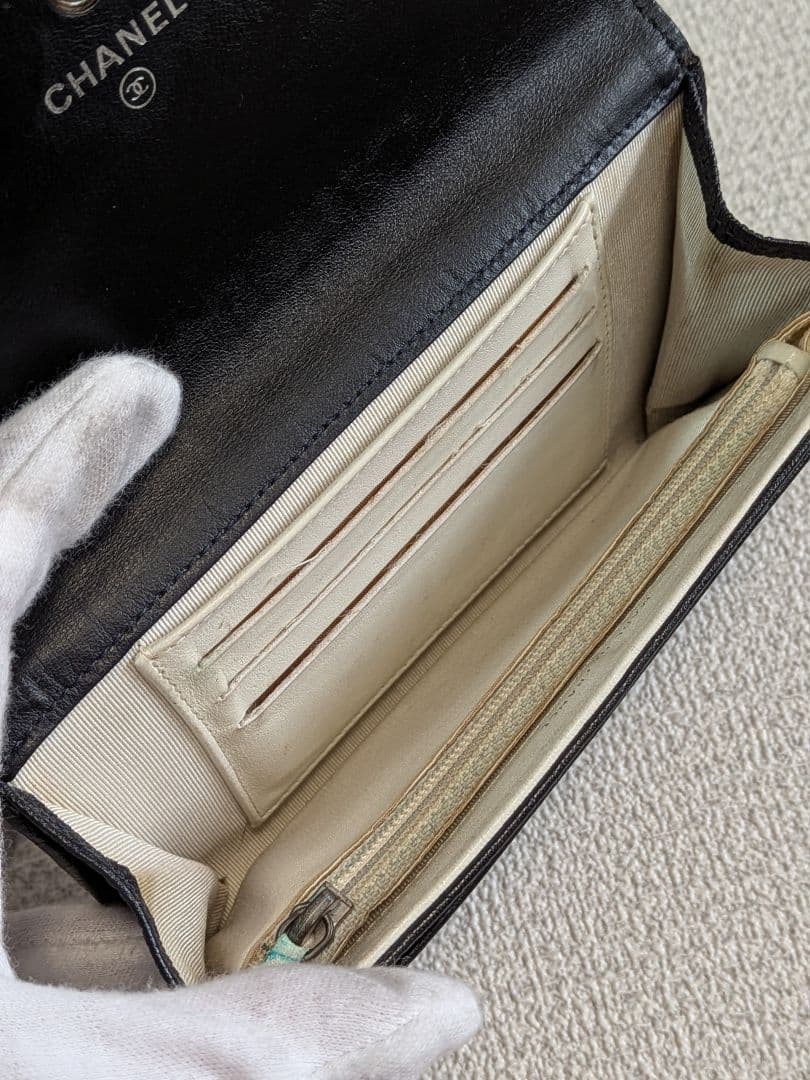 シャネル　黒　ビコローレ　バイカラー　折り財布　ミニ財布　ショルダー　ラムスキン