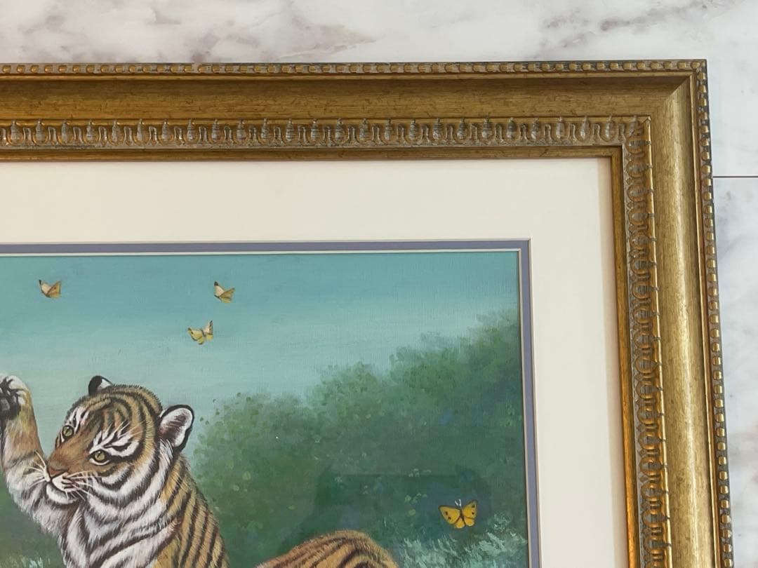 【開運絵画】「水辺の虎と蝶」の油彩画　超絶技巧　L.Chen