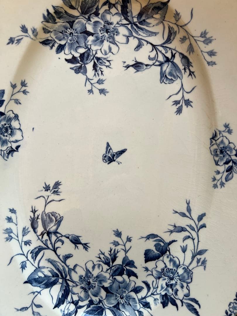 アンティーク ジアン Gien「MAI」オーバル皿 青絵・花と蝶 ジアン 皿