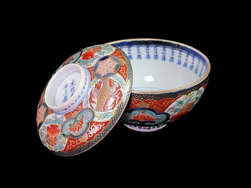 古伊万里 金襴手 鳳凰に牡丹の図 蓋茶碗 C002AS-fbrf