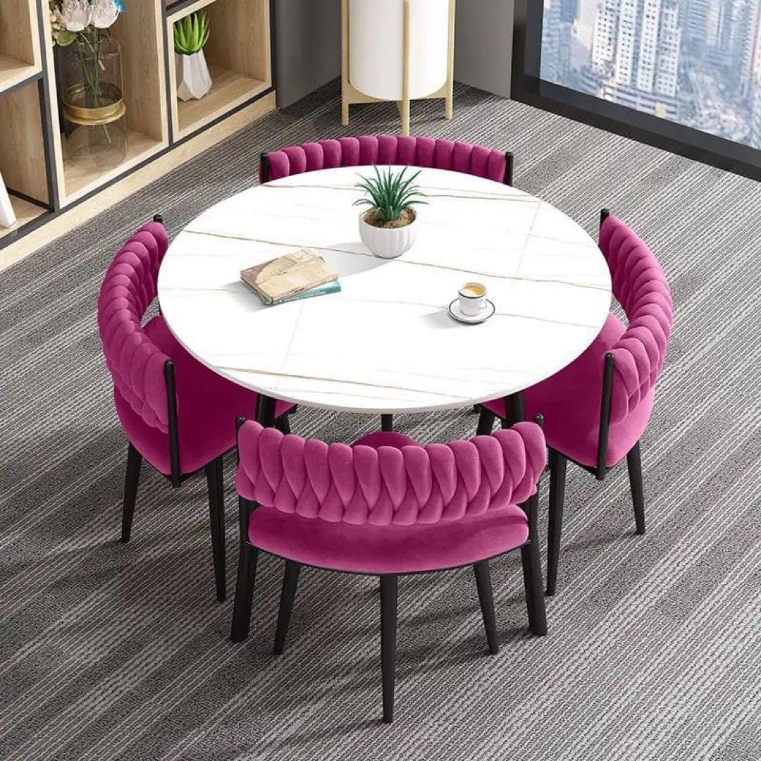 大理石調テーブル × 立体キルティングチェア 円形ダイニングセット