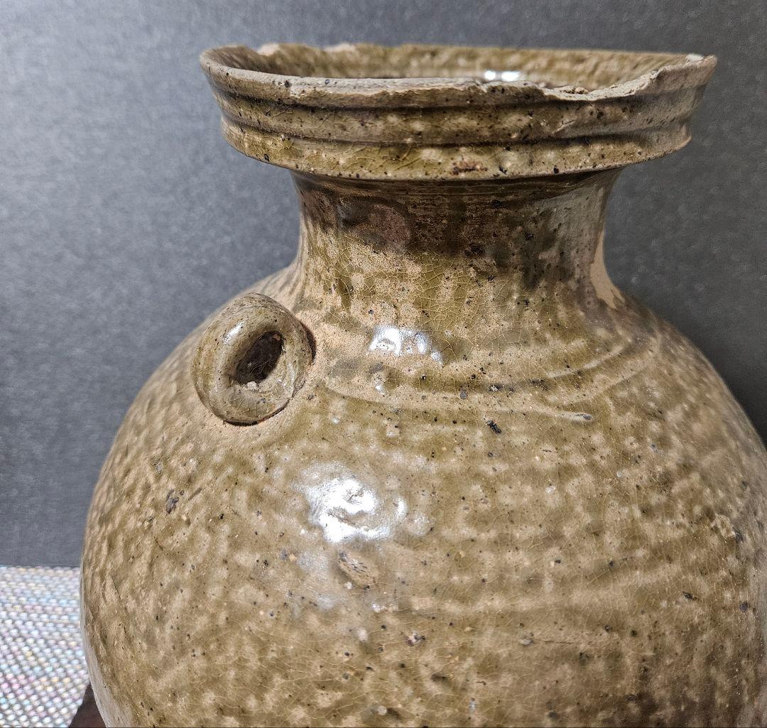 中国古陶磁器　古代中国陶器　中国古代壺 越州窯青磁　双耳大壺　高　約27.1cm