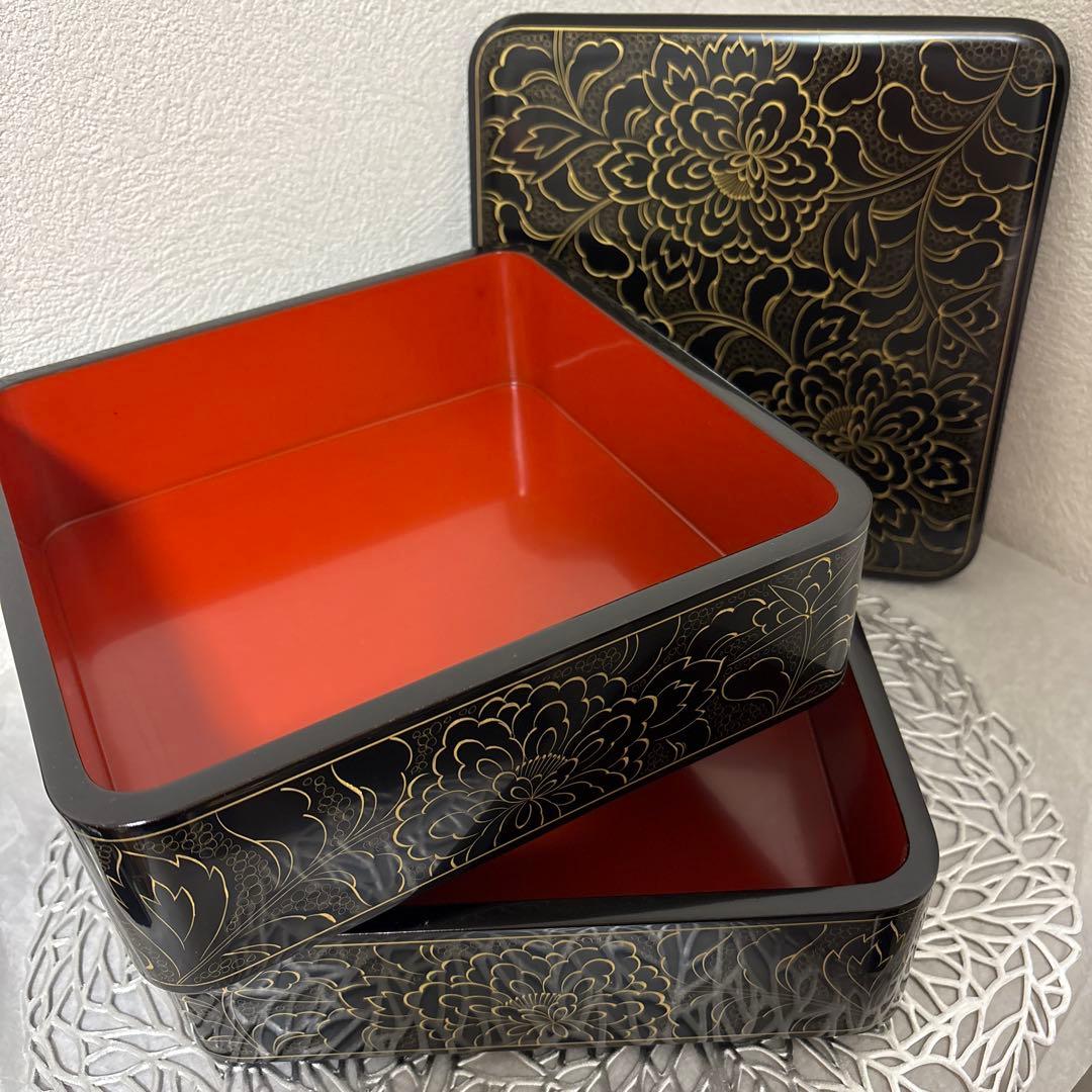 ⭐️輪島塗 布着堅地漆器 二段重箱 漆黒金花模様