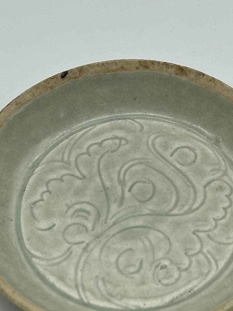 北宋時代 湖田窯 青磁刻花鳳尾花文房洗 覆燒 覆輪