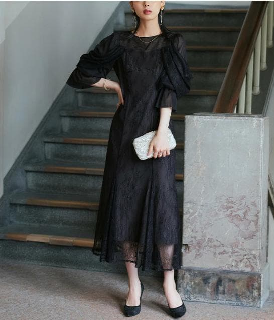 ルイルエブティック レースオフショル・マーメイドフレアワンピースドレス 黒結婚式