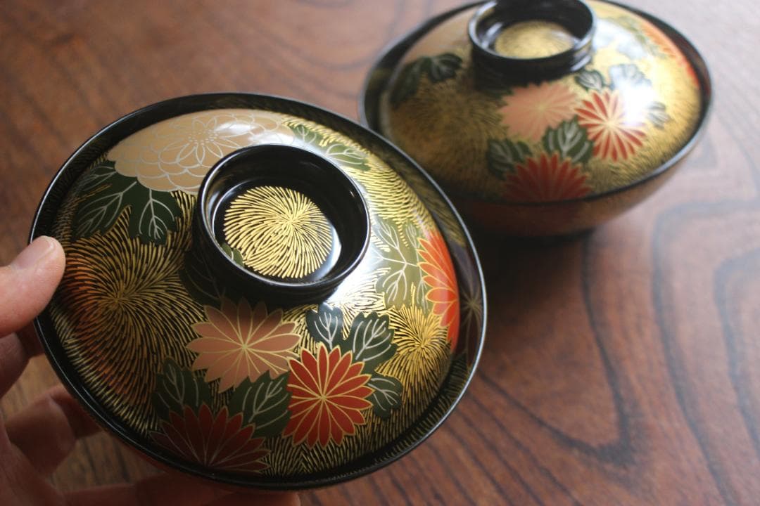 専用！上質黒漆に極上菊詰沈金蒔絵のお椀3点（検輪島塗蒔絵椀雑煮椀