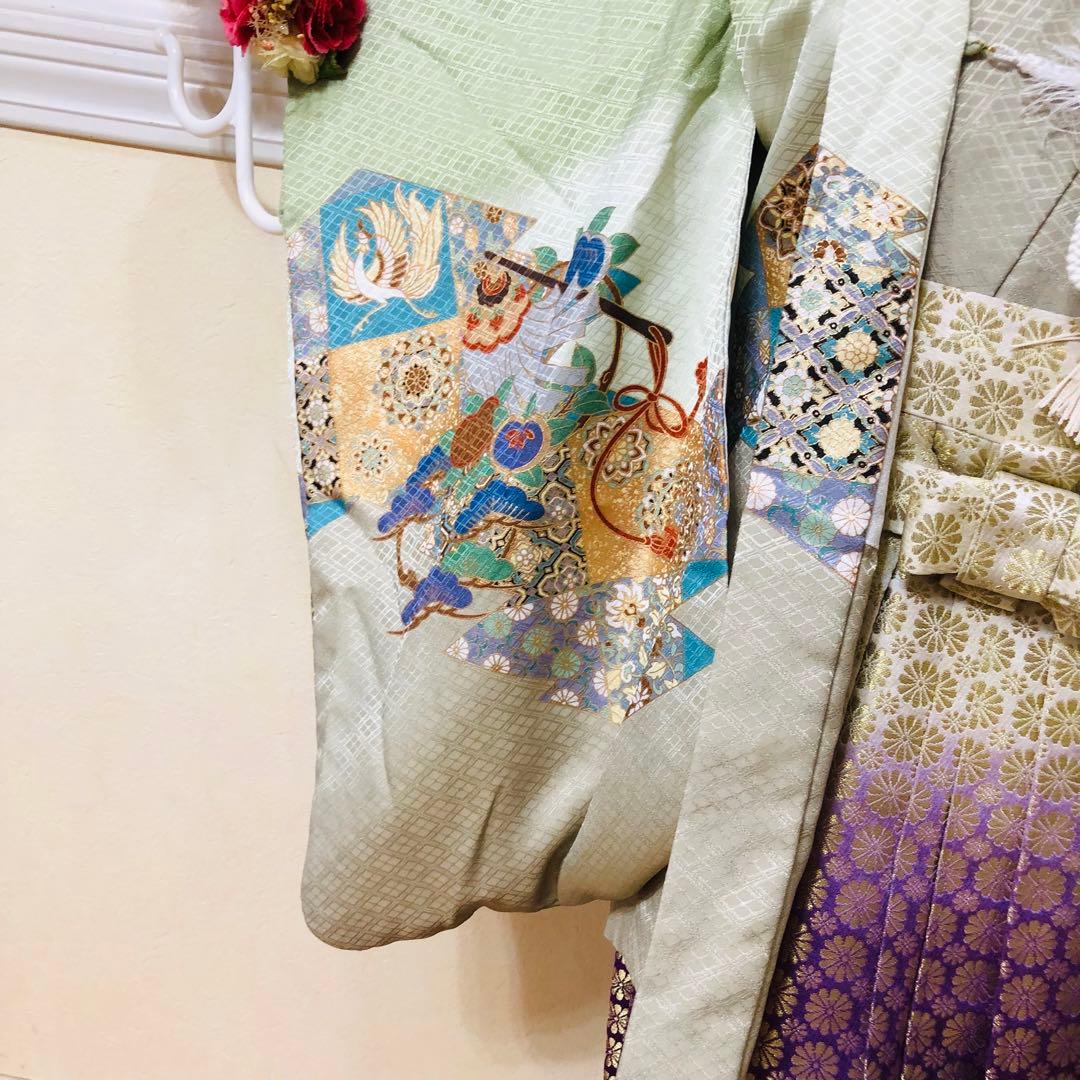 七五三着物五歳‼️完全フルセット‼️グリーン系1番人気柄兜⭐︎金蘭袴豪華際立つ秀品