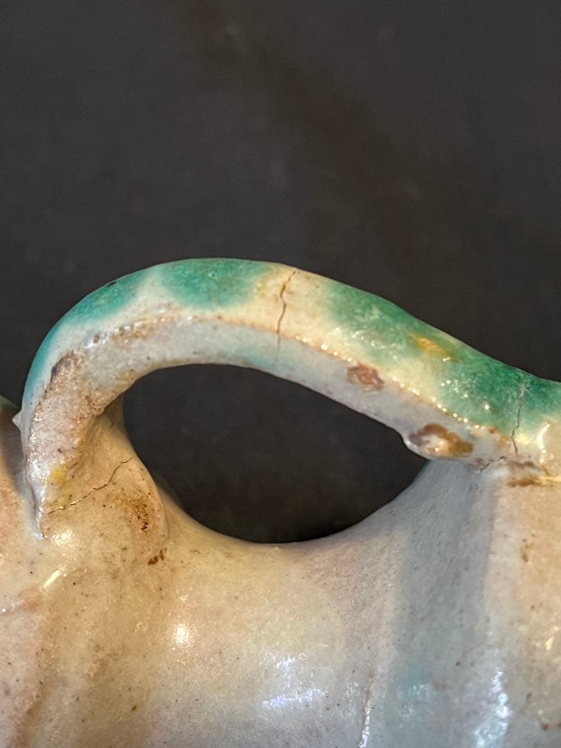 レア！スペイン、グラナダ焼のビネガー入れ。アラブの影響の緑釉がいい 19C