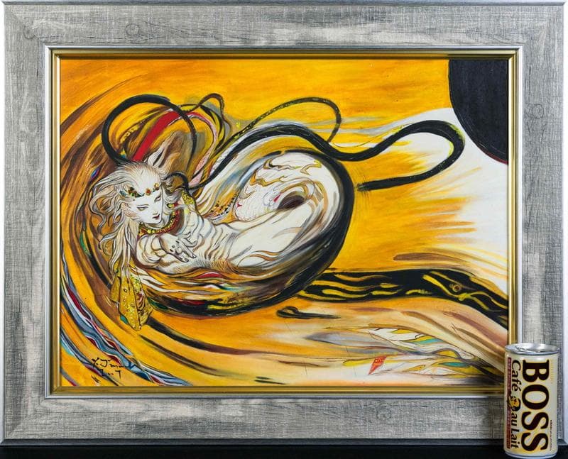 天野喜孝 油彩 肉筆『飛天風神』表サイン 裏サイン P8号 額装 b767