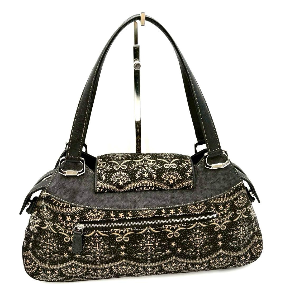 【超美品】印傳屋 PRIDEN プライデン 手提げバッグ 黒×ベージュ 鹿革 漆