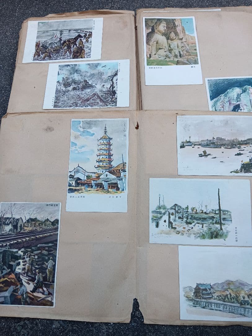 満州の古い絵葉書、166枚、スクラップに貼り付け、戦前、軍人、戦争