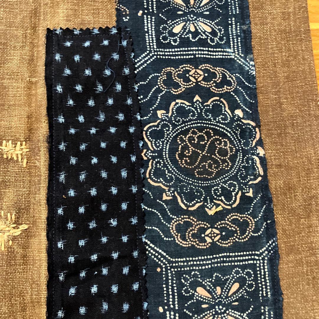 柿渋染め酒袋古布型染め雪ん子格子、縞木綿庄内刺し子ポケット