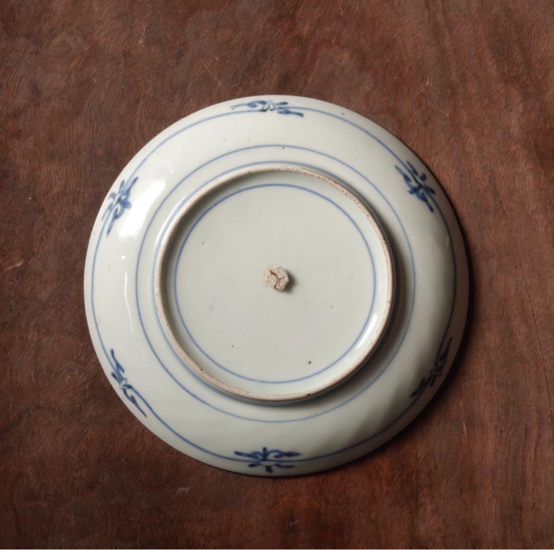 江戸時代 前期 古伊万里 藍九谷 染付 葡萄文 漢詩 皿 五寸皿