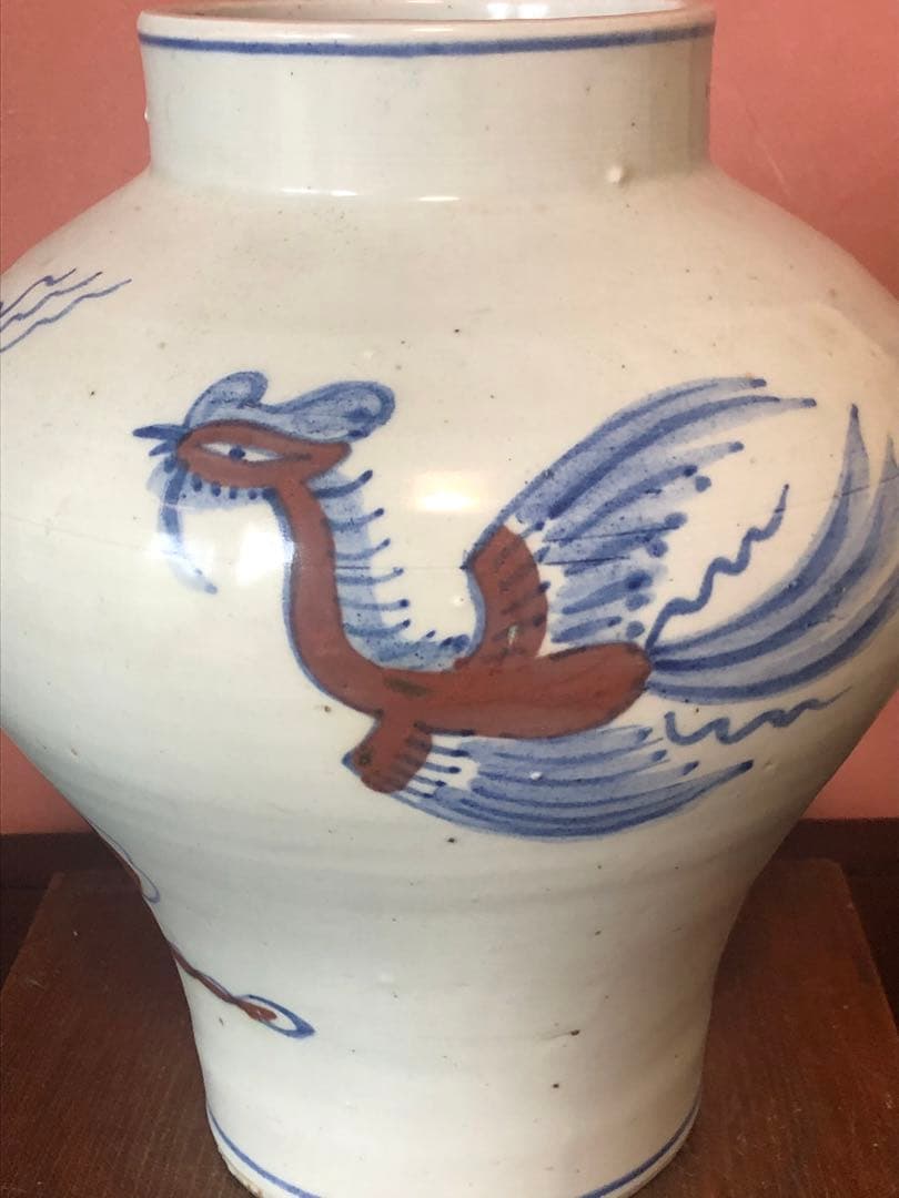 類品の少ない李朝辰砂染付鳳凰文大壷 美術品・アンティーク・コレクション