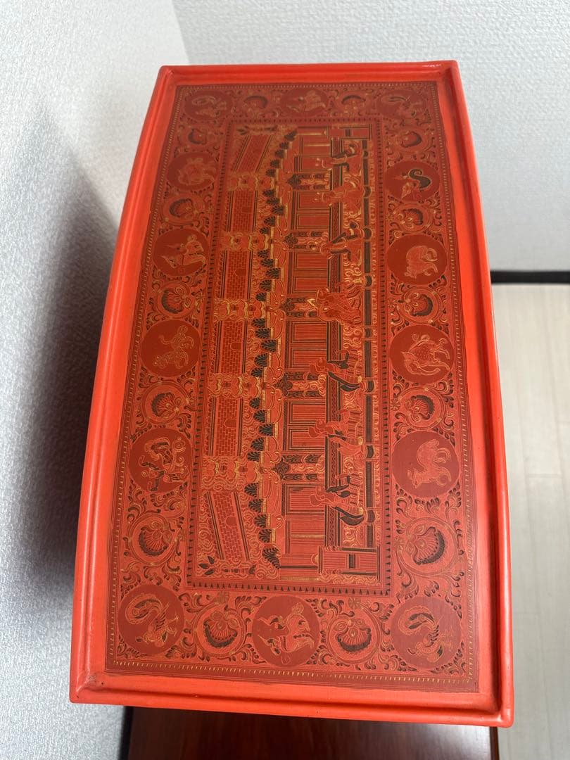 ミャンマー アンティーク 漆器 蒟醤 細密画 収納箱 引き出し 5段 ※31※