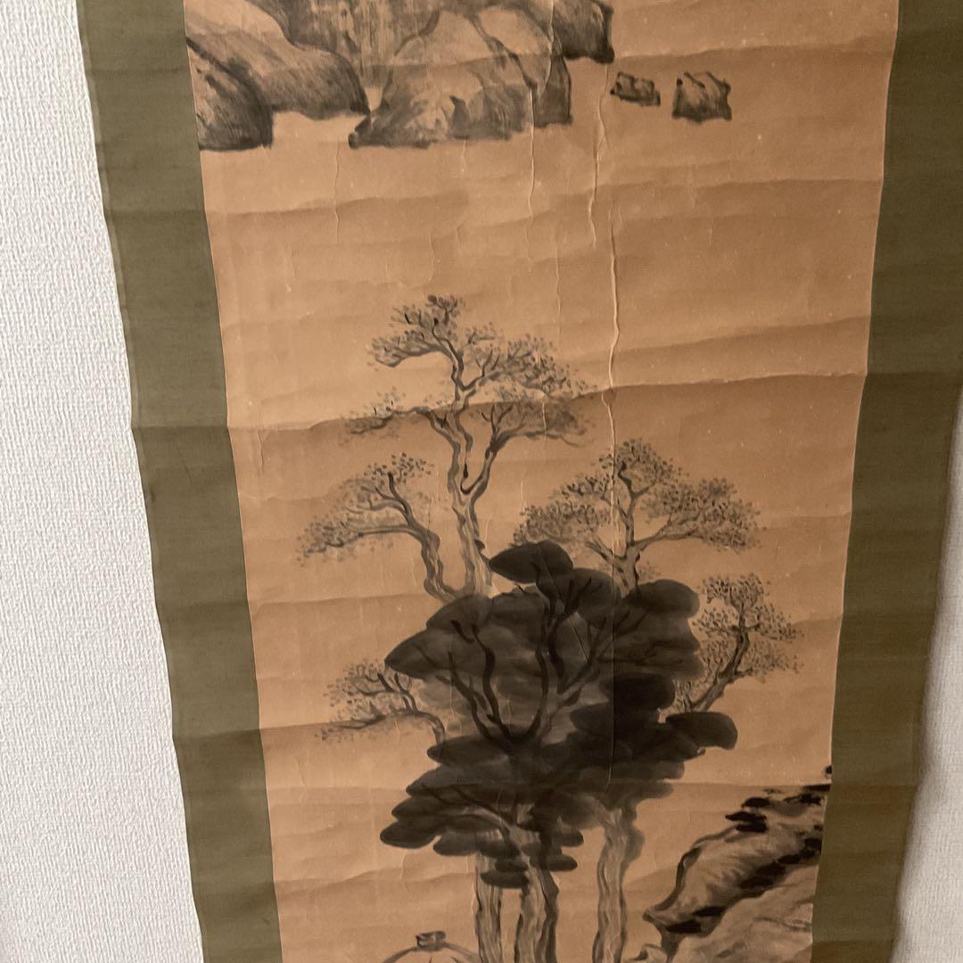 紙本掛け軸 水墨山水画 賛 画【印譜】 賛【落款印譜在】 木軸先 桐合箱