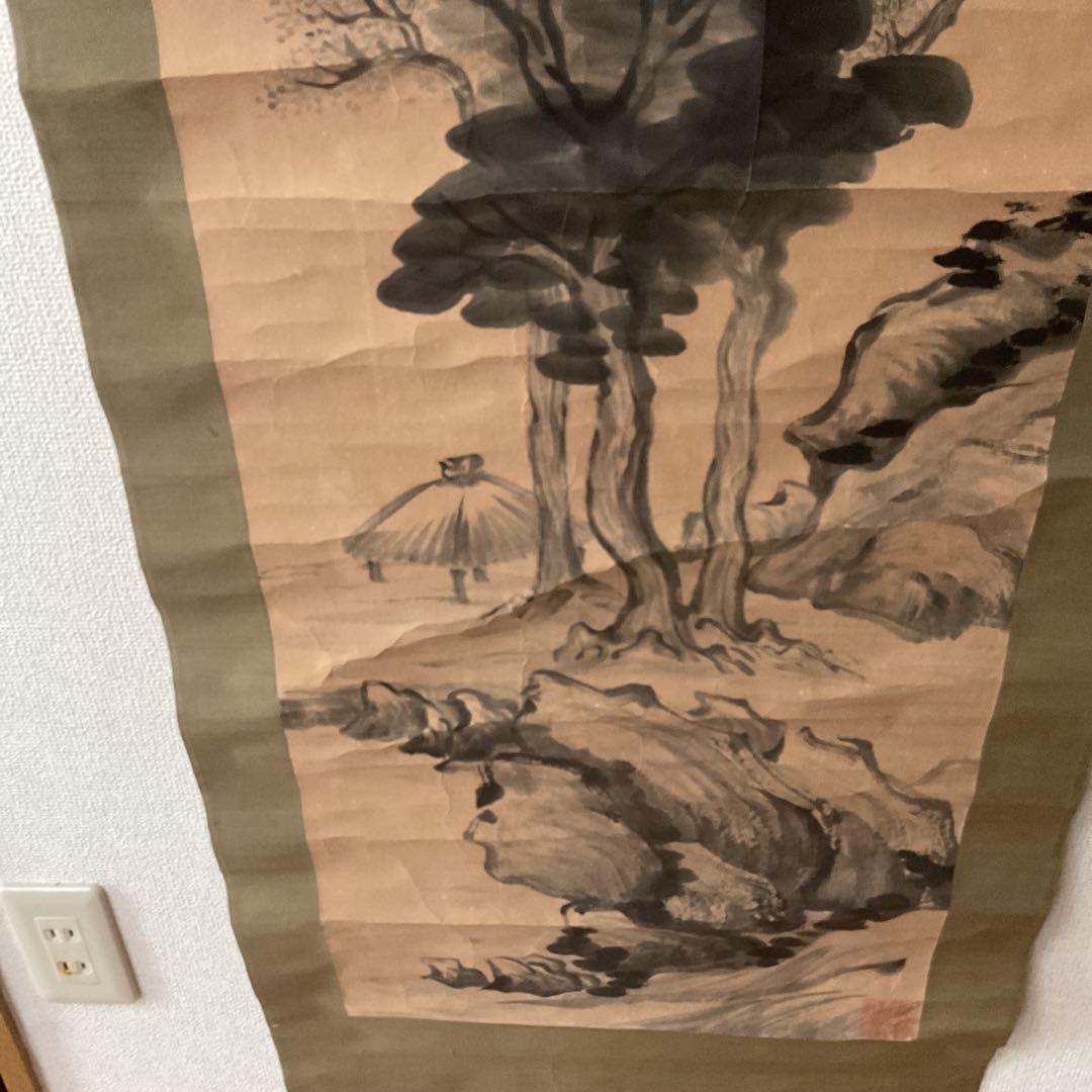 紙本掛け軸 水墨山水画 賛 画【印譜】 賛【落款印譜在】 木軸先 桐合箱