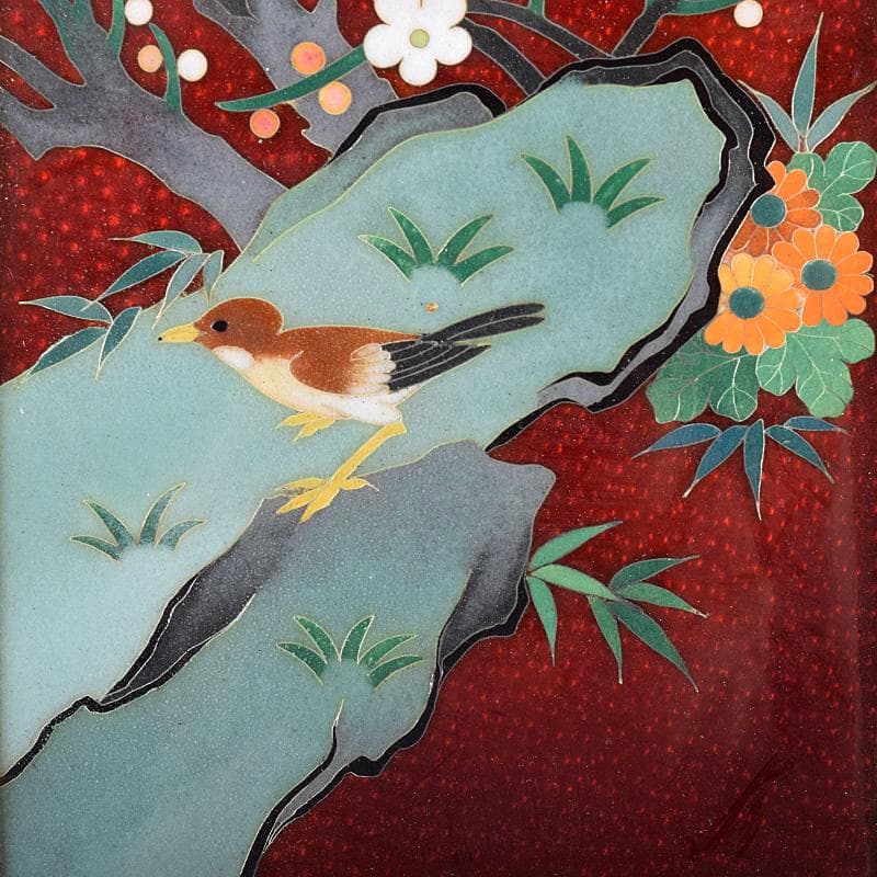 中国 古七宝琺瑯彩 花鳥文 卓上屏風 硯屏 M R8490