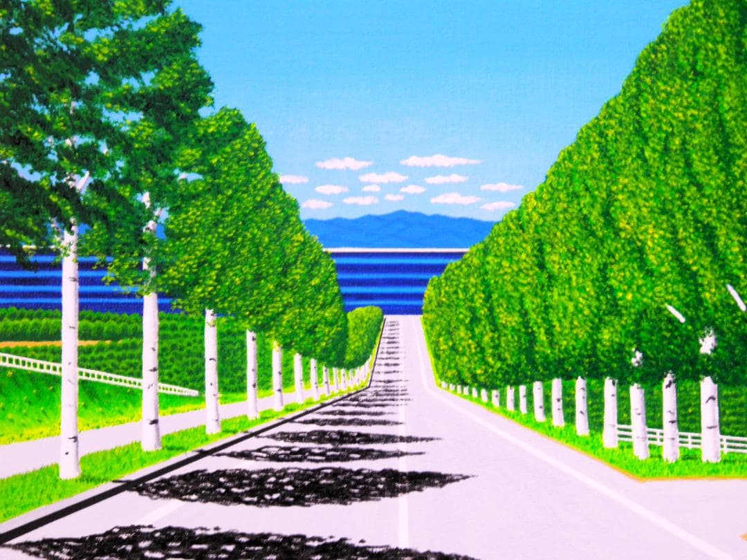 ★海の見える白樺並木・谷村一男肉筆油彩画・F6