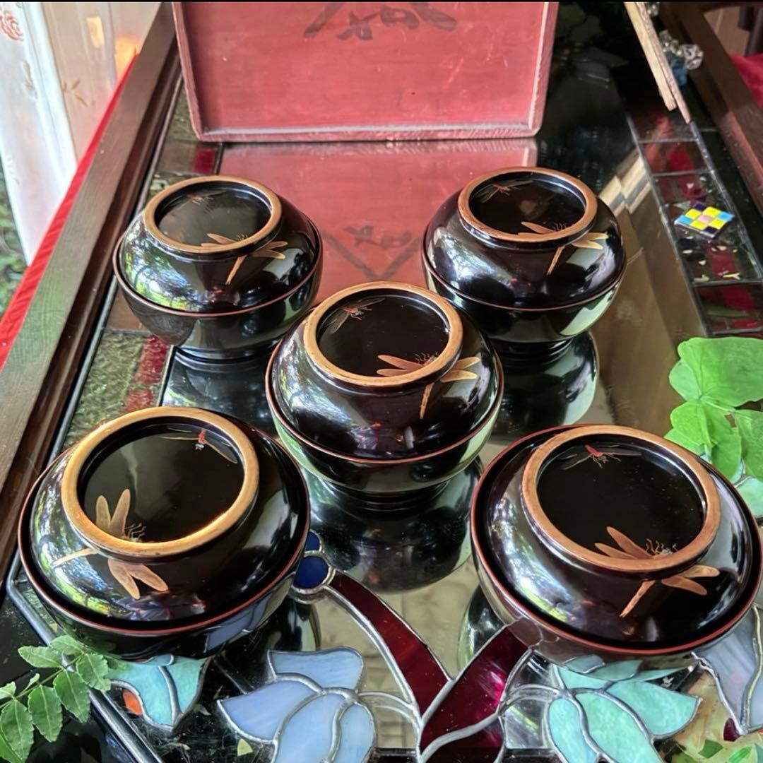 Ｂ様へ感謝お嫁入り‼️レアなかげろふJAPAN螺鈿蒔絵『蜻蛉＆菊＆木蓮上黒持椀4客