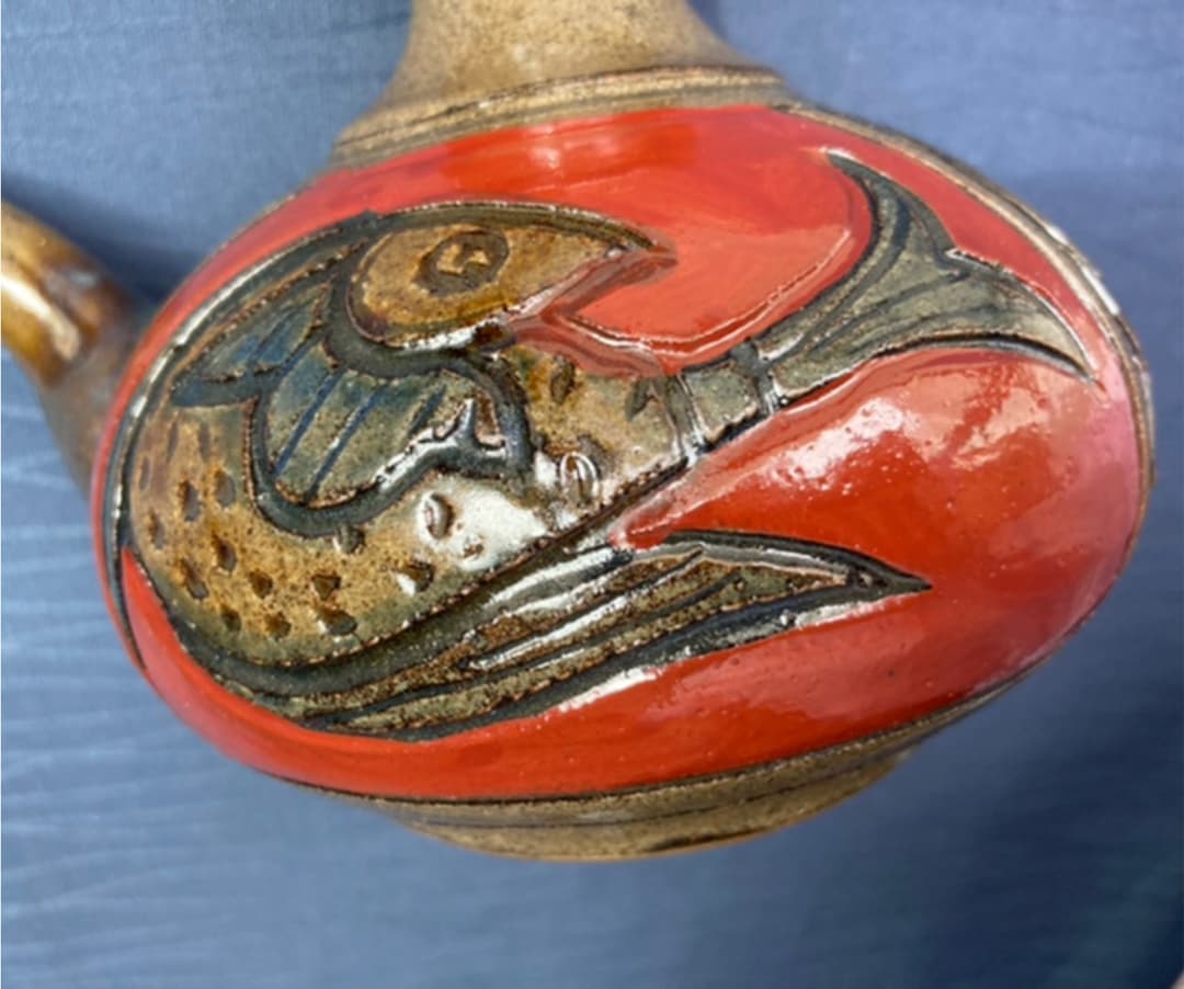 やちむん 壺屋焼 赤絵魚紋 小橋川清正作 酒器 カラカラ