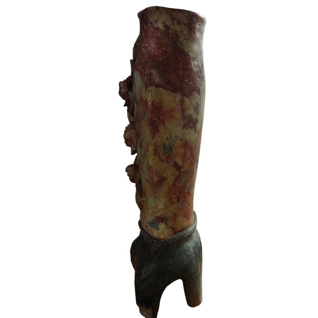 中国寿山石(印材) 草花文彫刻花瓶 置物 瑪瑙